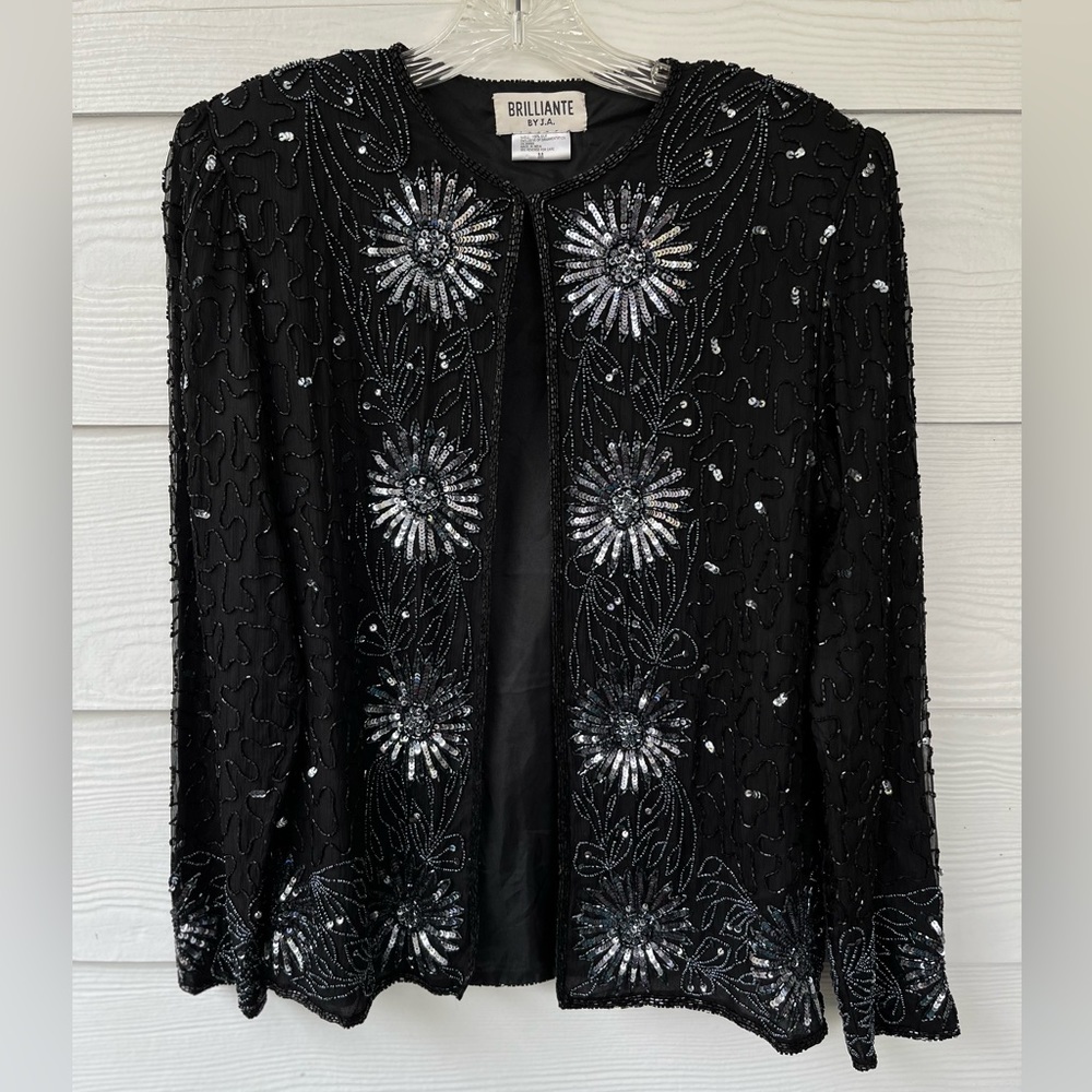 Brilliante by J.A. Vintage Black Silk sequin beaded open front jacket Medium